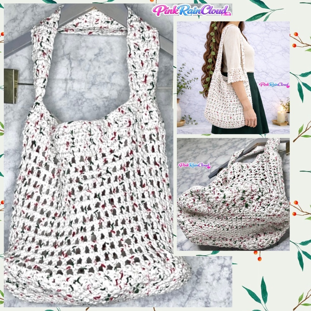 Handmade Crochet 100% Cotton Market Beach Shoulder Tote Bag PinkRainCloud